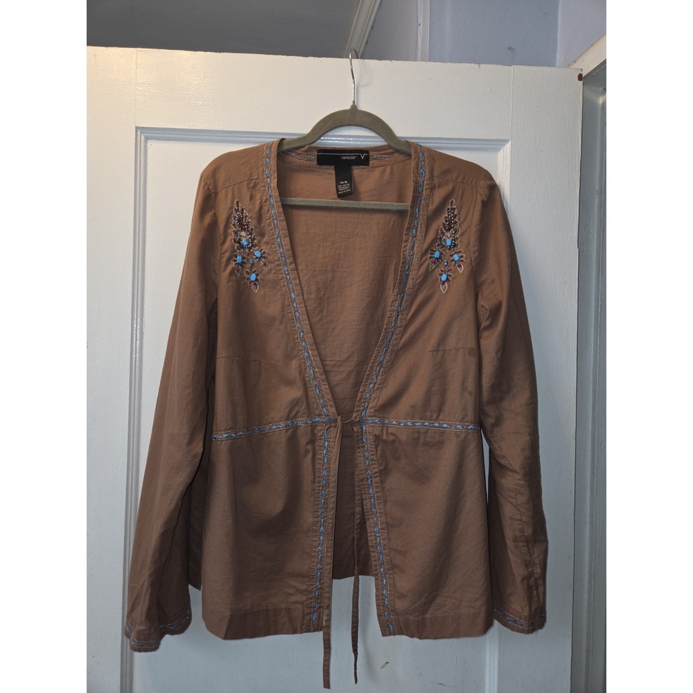 Y2K. Vintage. Venezia Women's Brown Cotton Beaded Embroidered Tie Cardi. 14-16